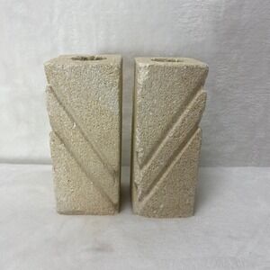 Set of 2 Off White Textured Stone Square Candlestick Holders Art Deco